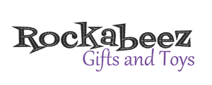 Rockabeez Gifts and Toys Logo- Black text for Rockabeez, purple text for Gifts and Toys